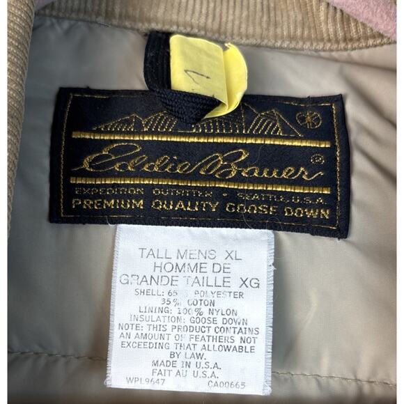 VTG Eddie Bauer Goose Down Jacket Men's XL Tall Beige Tan Corduroy 80s USA Made - Picture 3 of 10